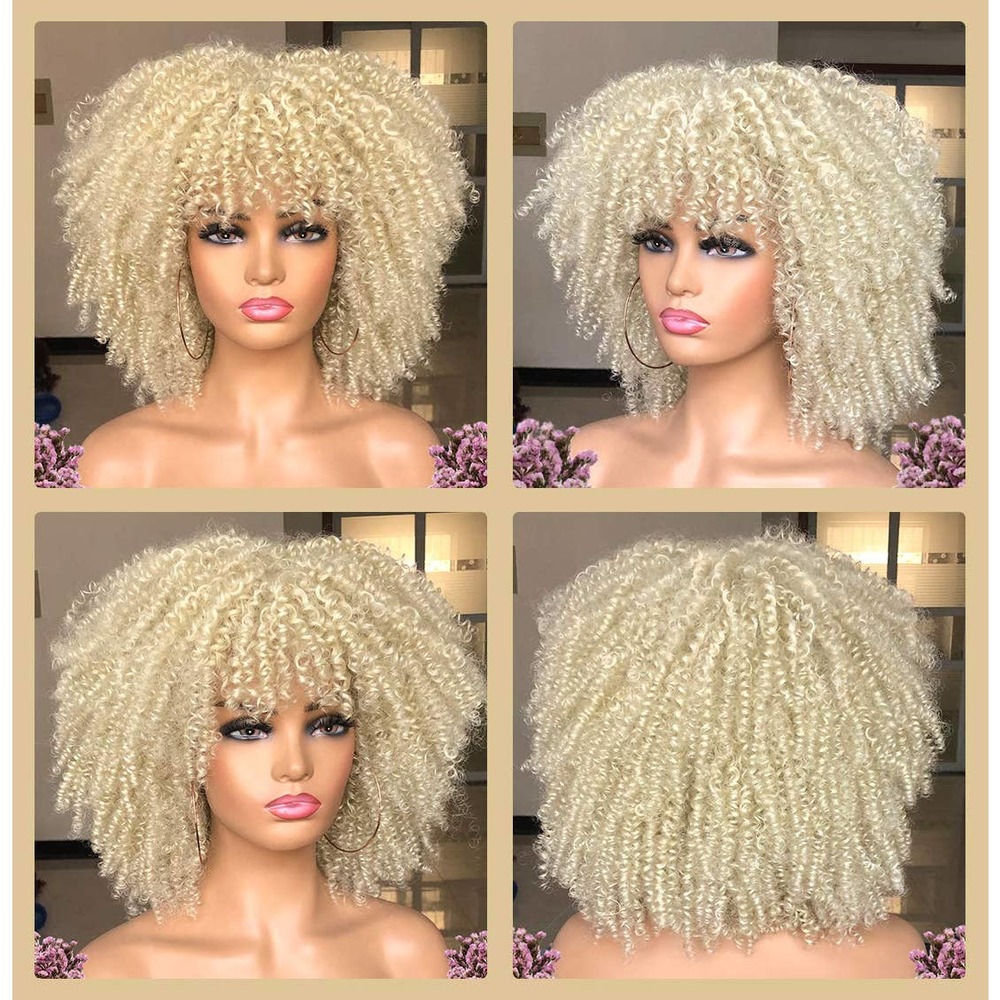Afro Curly Short Wig With Bangs Blonde